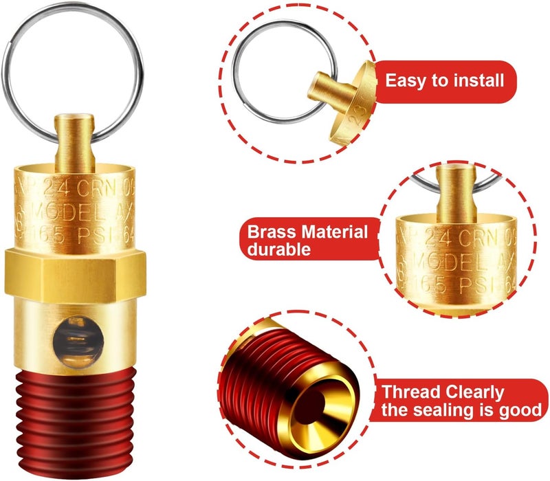 TOPGO 2 Pieces 1/4'' Male NPT Air Compressor Pressure Relief Valve Brass Safety Valve Air Compressor Check Valve (165 PSI) - Image 3